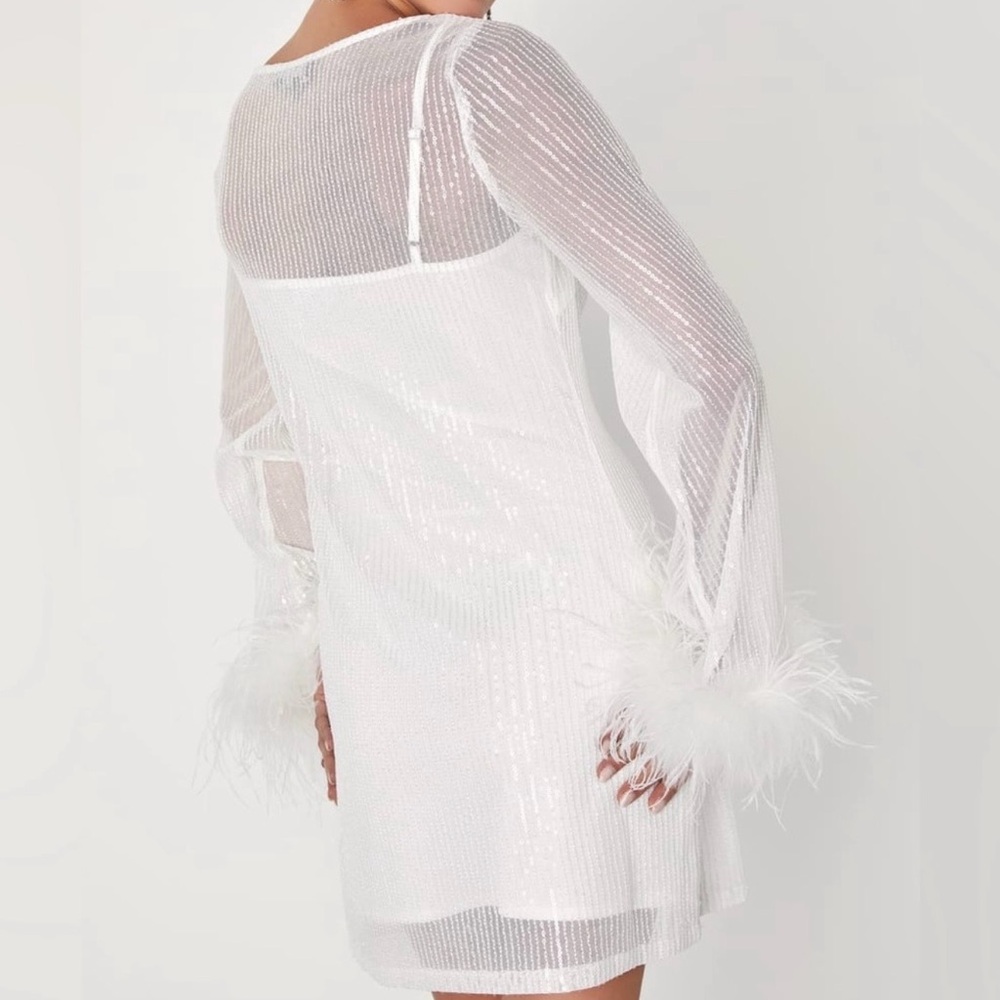Lulus Marvelous Energy White Sequin Mesh Long Sleeve Mini Dress Size M